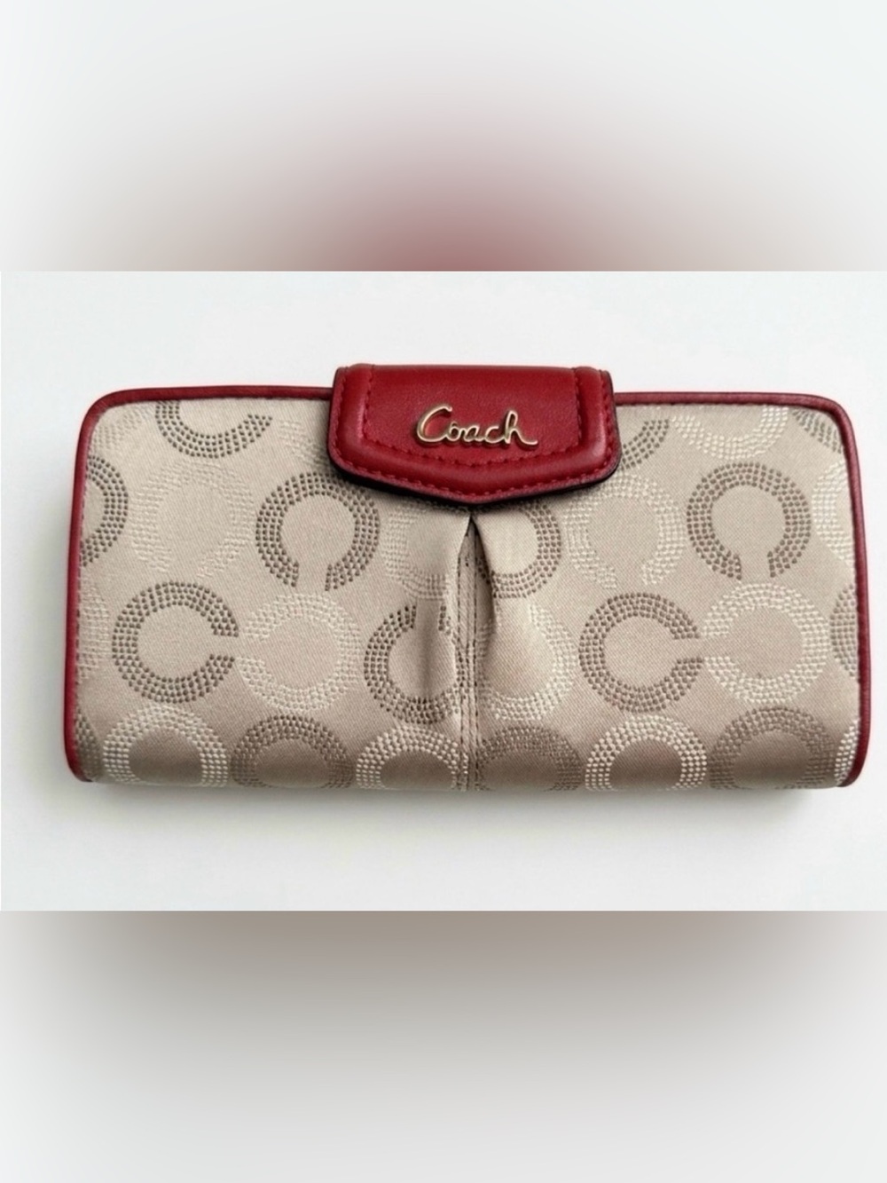 Coach Beige Signature Jacquard Wallet with Red Trim
